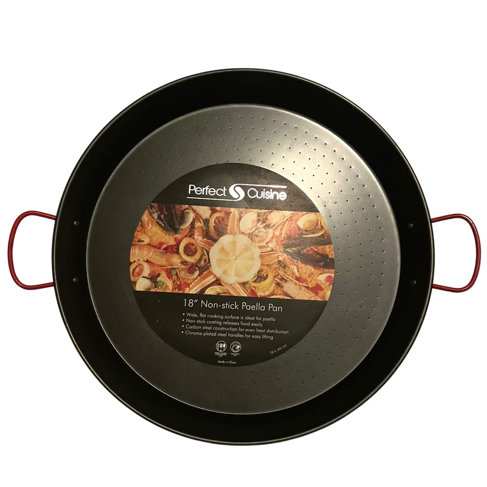 Perfect Cuisine 18 Inch Non-stick Paella Pan Carbon Steel Red Handles 45cm